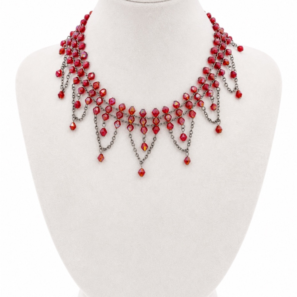 VTG Ruby Red Crystal Draped Bib Necklace